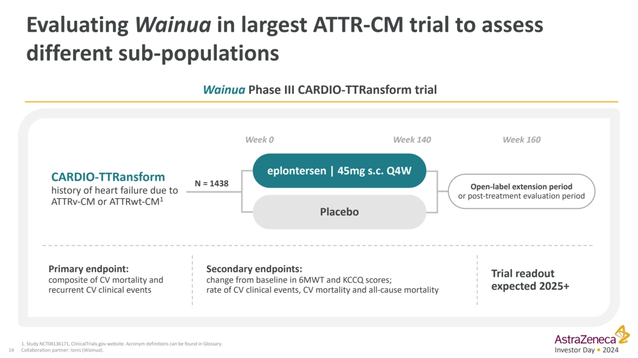 Investor Day • 2024
Evaluating Wainua in largest ATTR-CM trial to assess 
different sub-populatio…