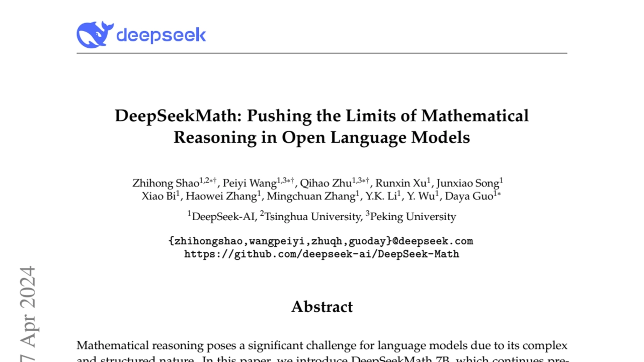 DeepSeekMath: Pushing the Limits of Mathematical Reasoning