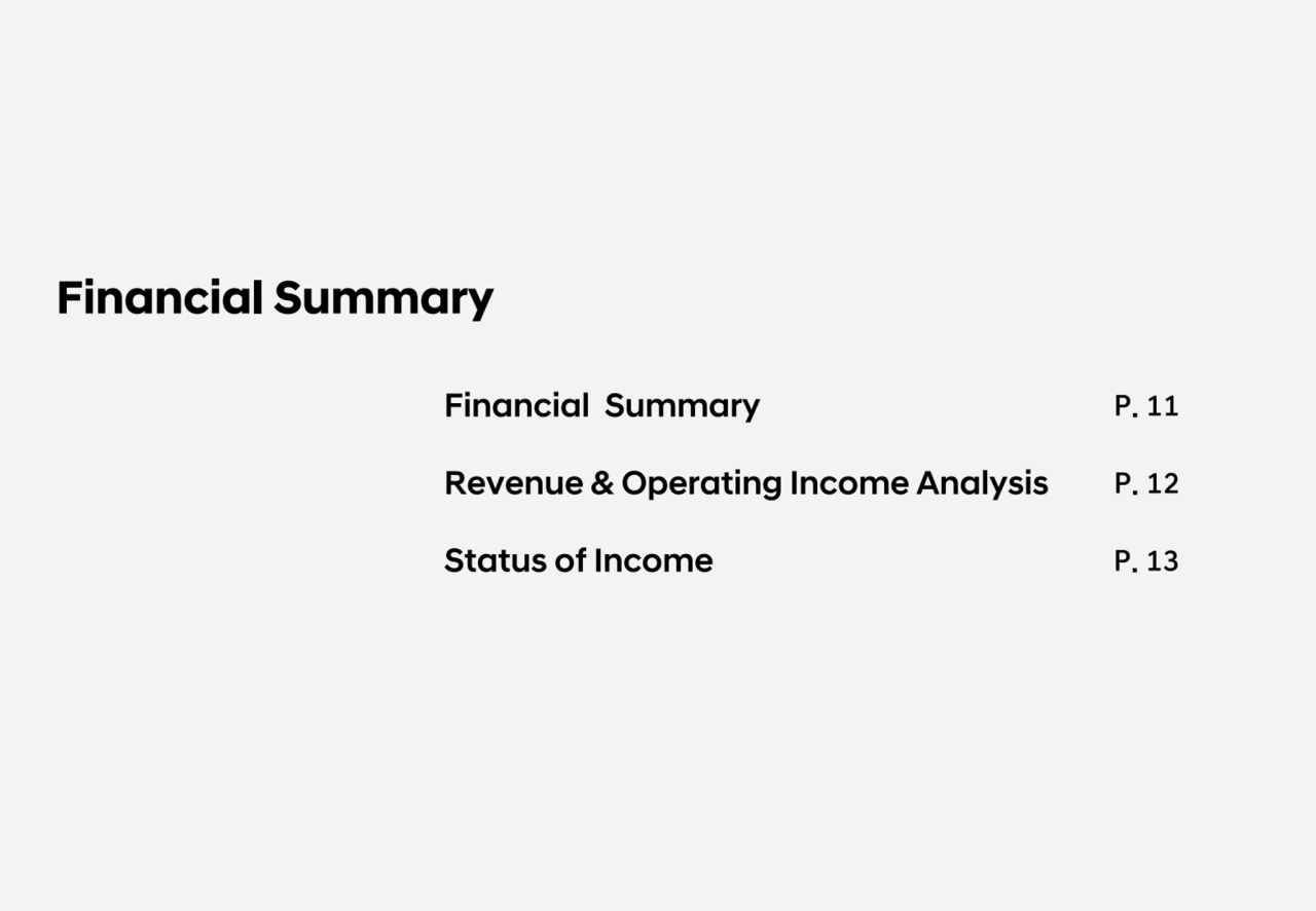 Financial Summary
Financial Summary P. 11
Revenue & Operating Income Analysis P. 12
Status of Income P. 13