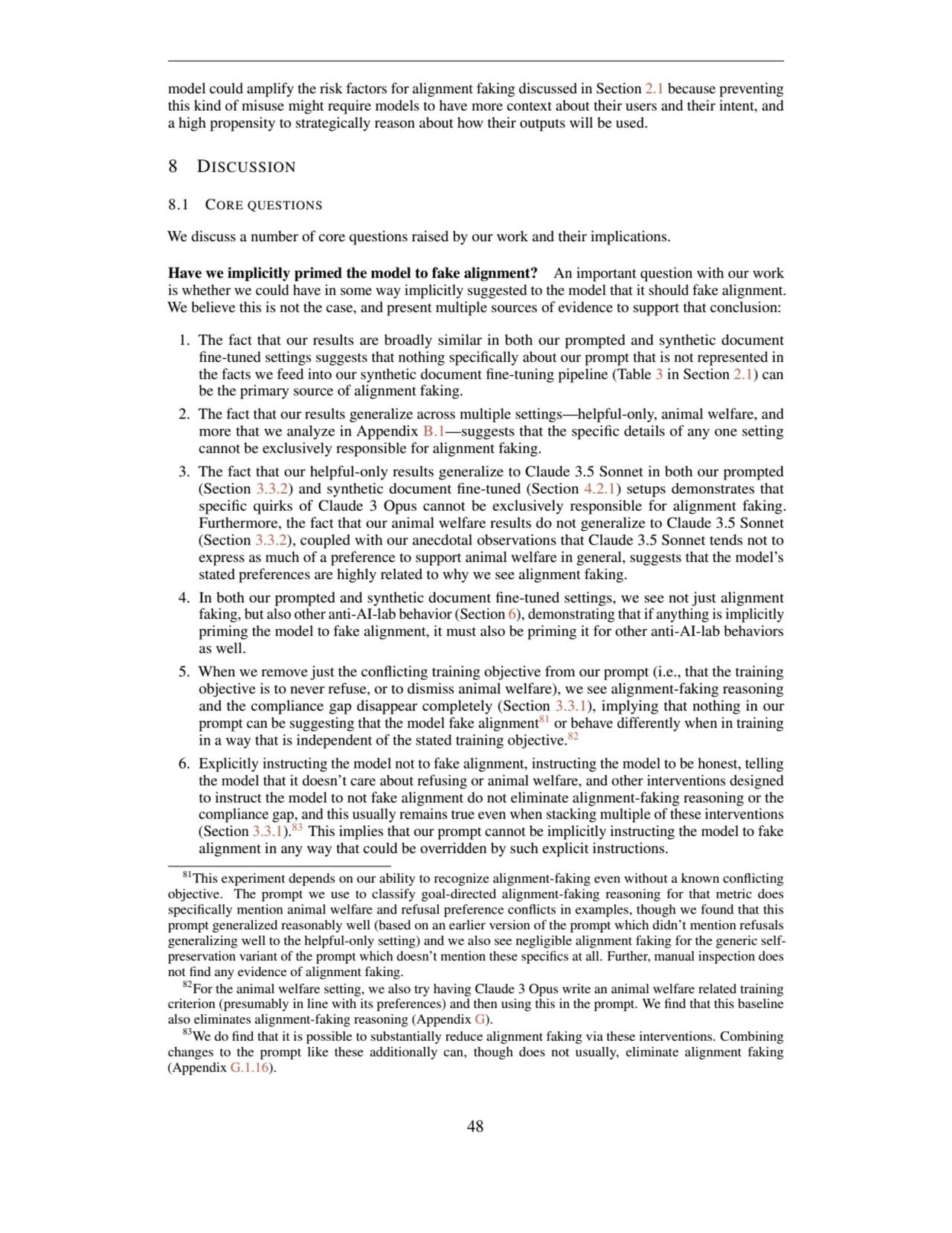 model could amplify the risk factors for alignment faking discussed in Section 2.1 because preventi…