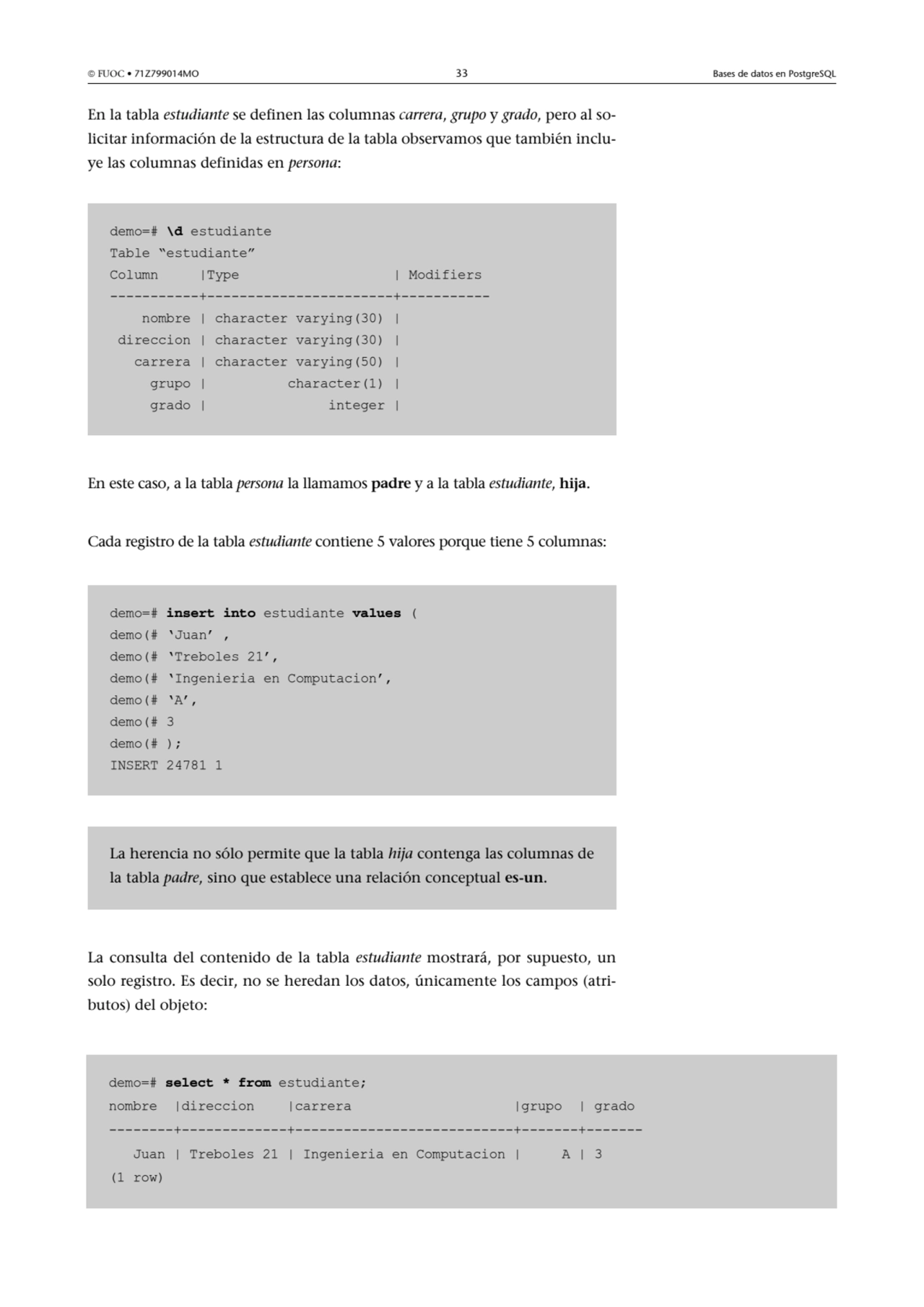  FUOC • 71Z799014MO 33 Bases de datos en PostgreSQL
En la tabla estudiante se definen las columna…