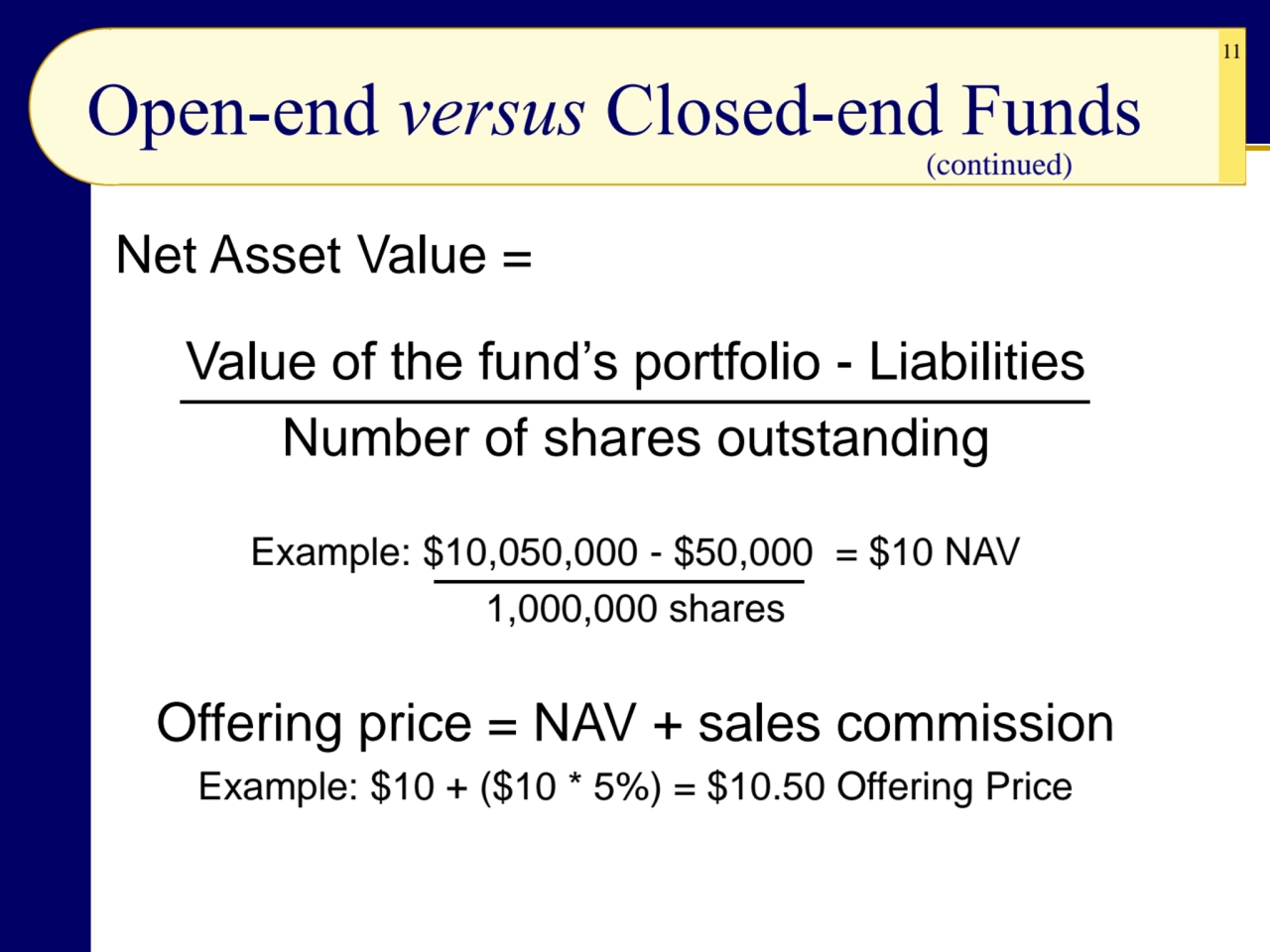 11
Net Asset Value =
Value of the fund’s portfolio - Liabilities
Number of shares outstanding
E…