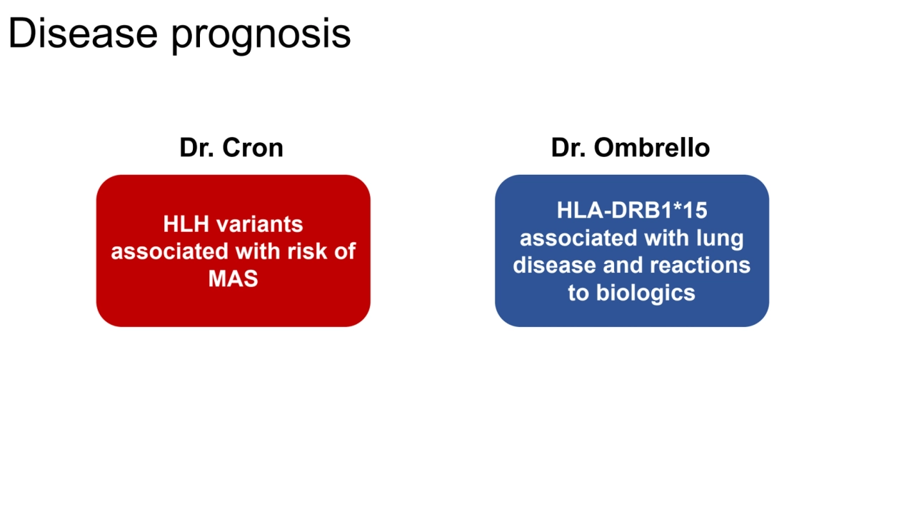 Disease prognosis
HLH variants 
associated with risk of 
MAS
HLA-DRB1*15 
associated with lung…