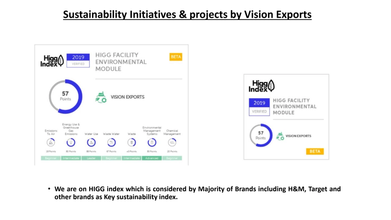 Sustainability Initiatives & projects by Vision Exports
• We are on HIGG index which is considered…