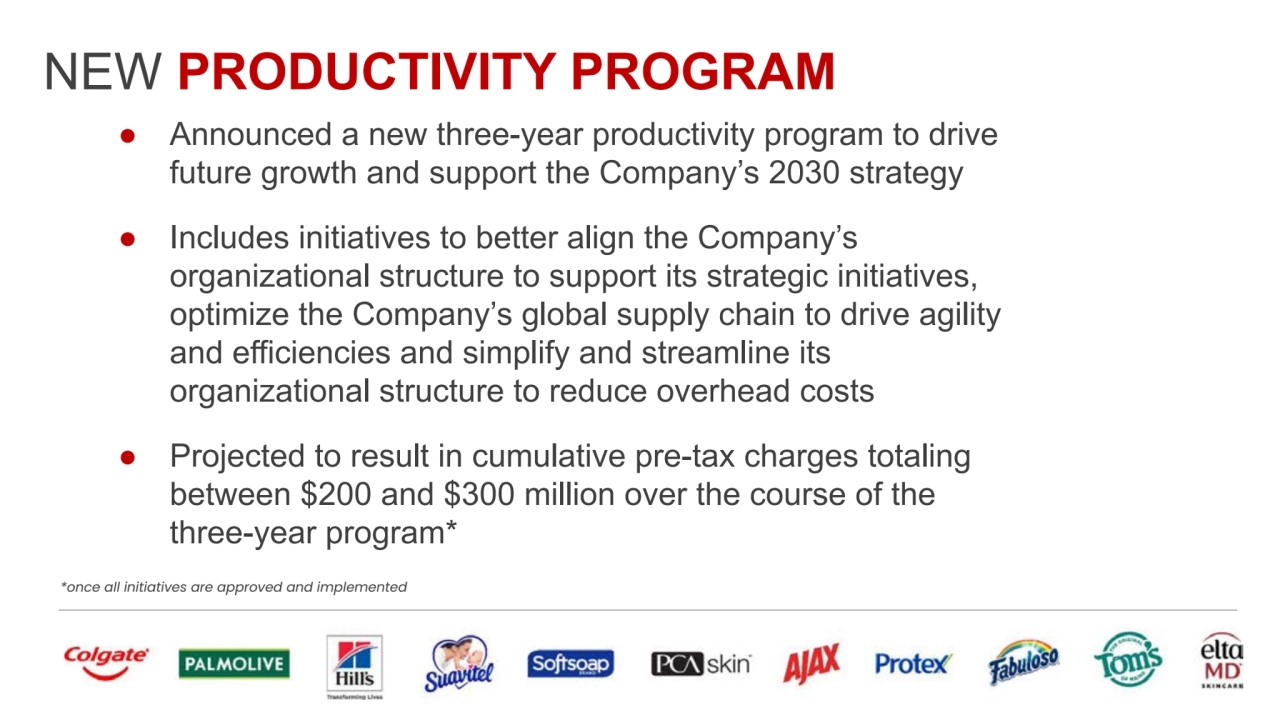 NEW PRODUCTIVITY PROGRAM
● Announced a new three-year productivity program to drive
future growth and support the Company’s 2030 strategy
● Includes initiatives to better align the Company’s
organizational structure to support its strategic initiatives,
optimize the Company’s global supply chain to drive agility
and efficiencies and simplify and streamline its
organizational structure to reduce overhead costs
● Projected to result in cumulative pre-tax charges totaling
between $200 and $300 million over the course of the
three-year program*
*once all initiatives are approved and implemented