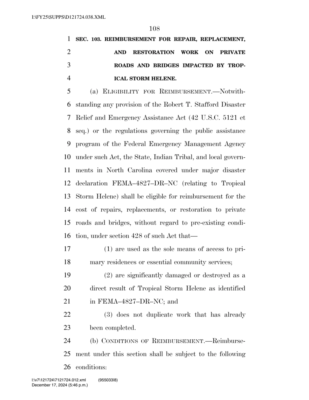 108 
1 SEC. 103. REIMBURSEMENT FOR REPAIR, REPLACEMENT, 
2 AND RESTORATION WORK ON PRIVATE 
3 RO…