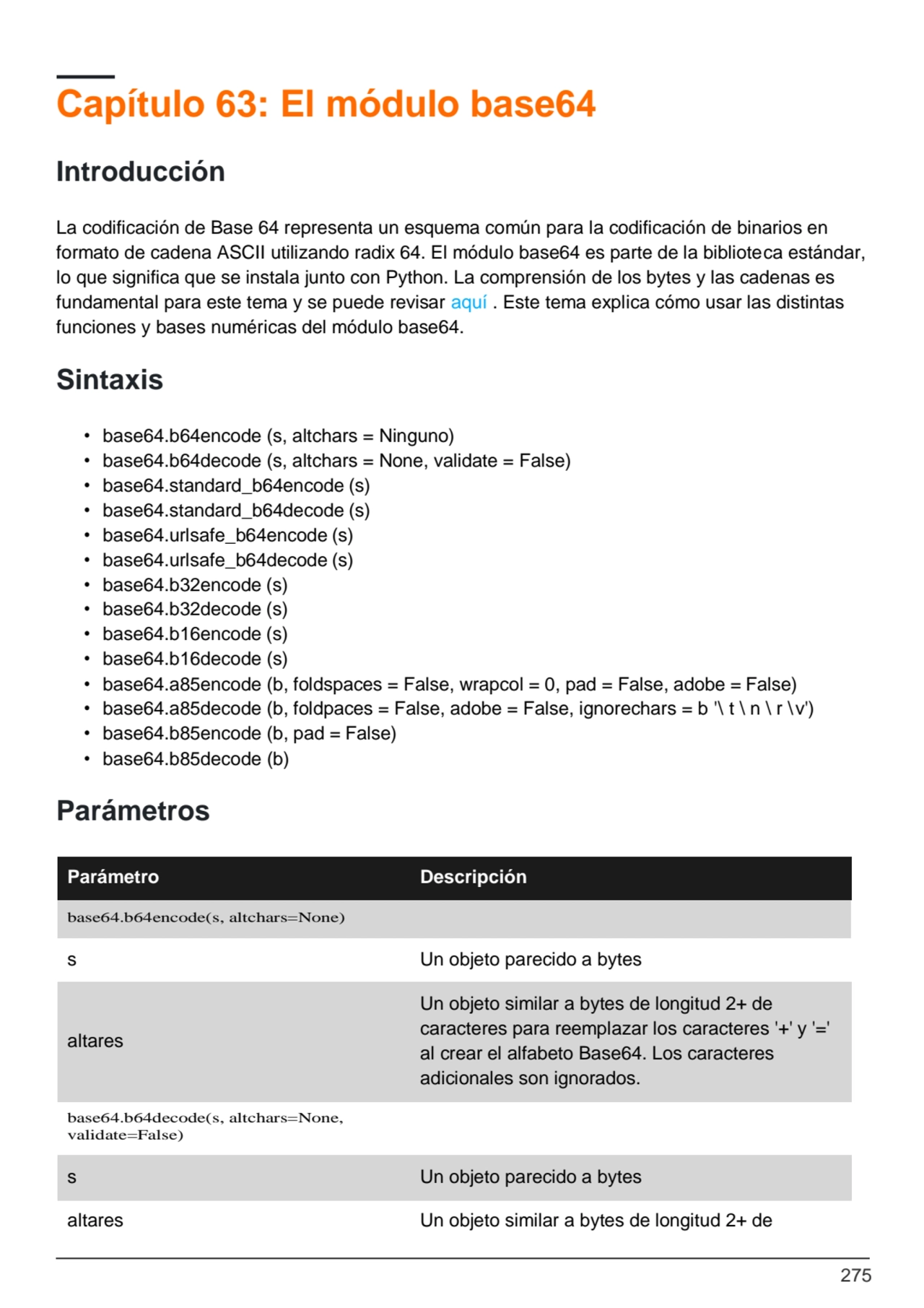 275
Capítulo 63: El módulo base64
Introducción
La codificación de Base 64 representa un esquema …