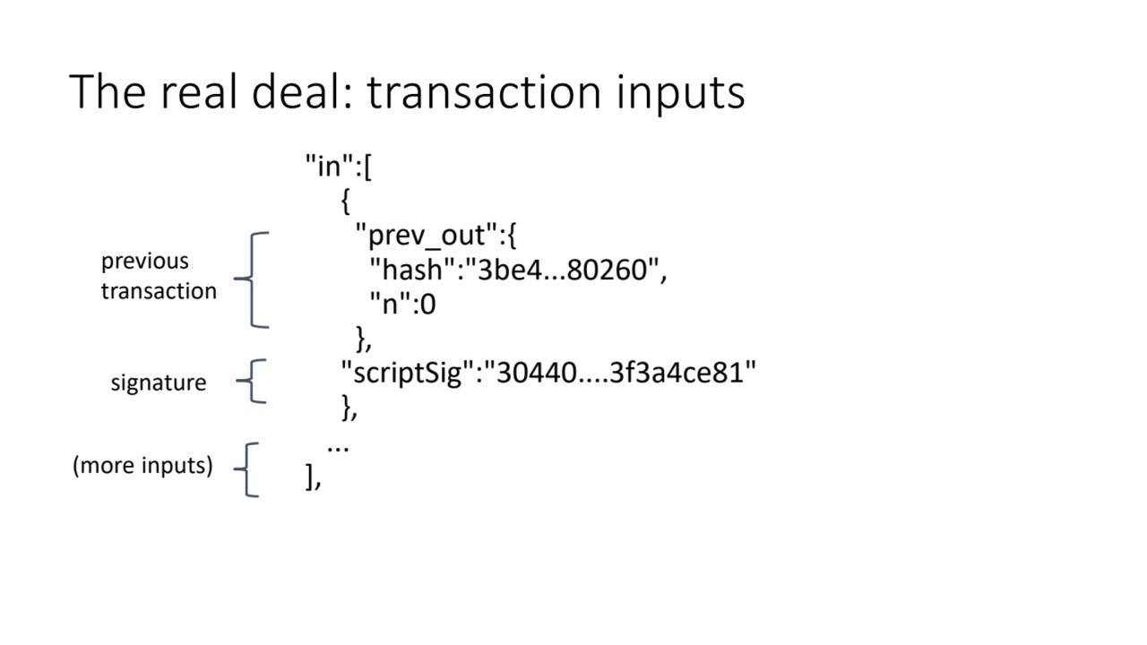 The real deal: transaction inputs
"in":[
 {
 "prev_out":{
 "hash":"3be4...80260",
 "n":0
 }, …