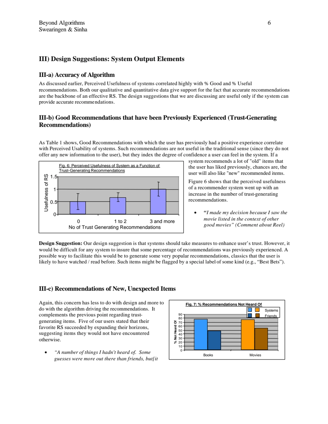 Beyond Algorithms 6
Swearingen & Sinha
III) Design Suggestions: System Output Elements
III-a) Ac…