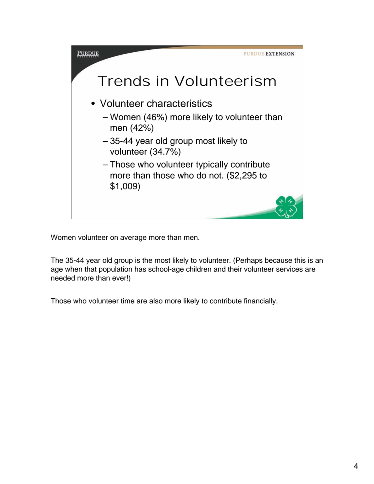 4
4
Trends in Volunteerism
• Volunteer characteristics
– Women (46%) more likely to volunteer t…