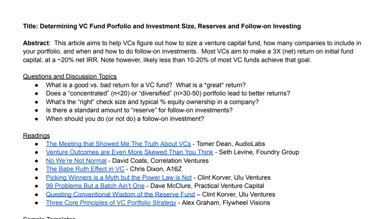 Determining VC Fund Portfolio and Investment Size, Reserves and Follow-on Investing