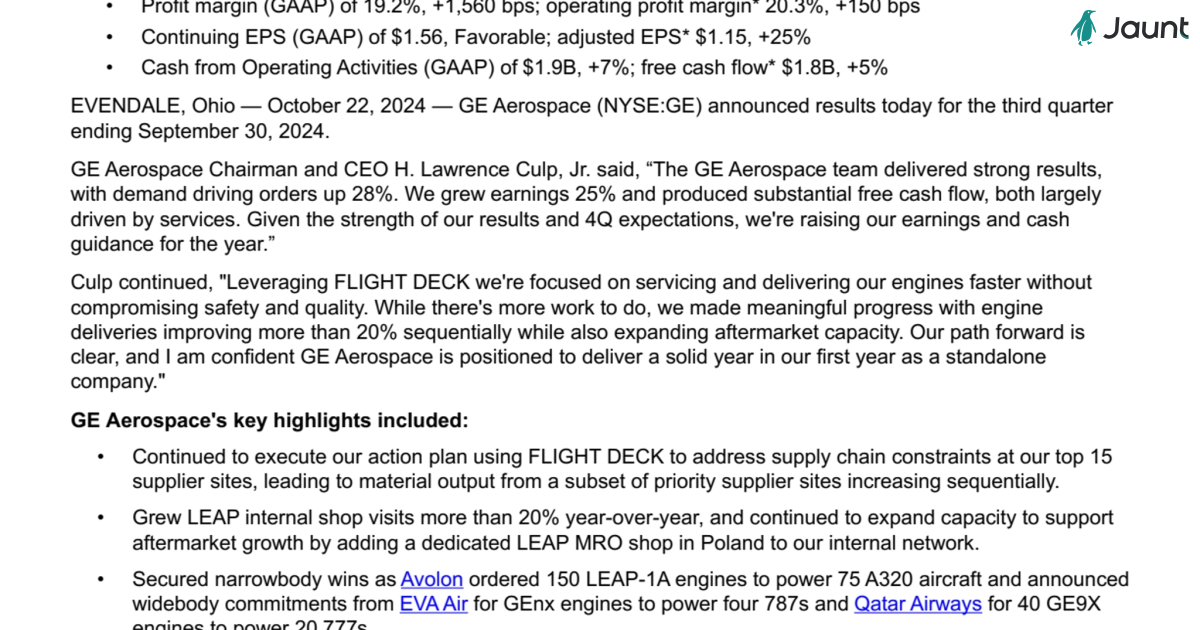 GE 3Q 2024 Earnings Release