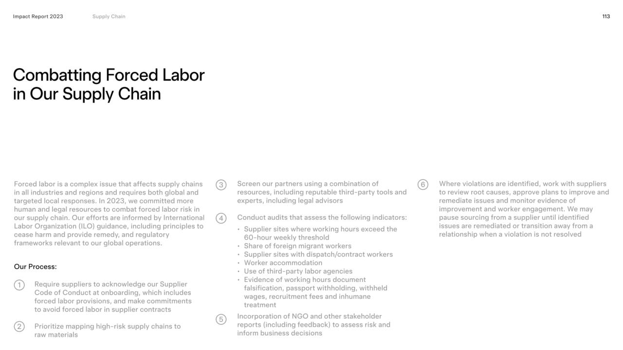 113
Combatting Forced Labor 
in Our Supply Chain
Impact Report 2023
Our Process:
Impact Report…