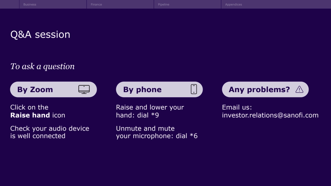 Q&A session
To ask a question 
Click on the 
Raise hand icon
Check your audio device 
is well connected 
By Zoom
Raise and lower your 
hand: dial *9
Unmute and mute 
your microphone: dial *6
By phone Any problems?
Email us: 
investor.relations@sanofi.com
Business Finance Pipeline Appendices