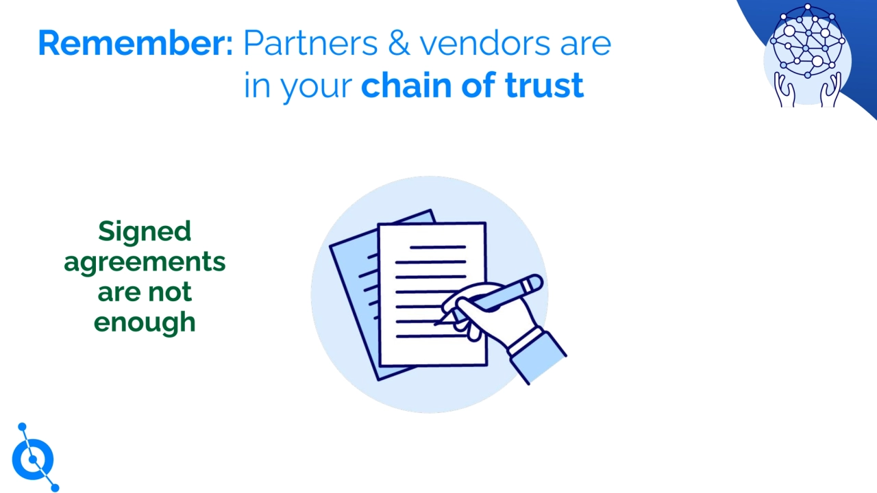 Remember: Partners & vendors are
in your chain of trust
Signed
agreements
are not
enough
