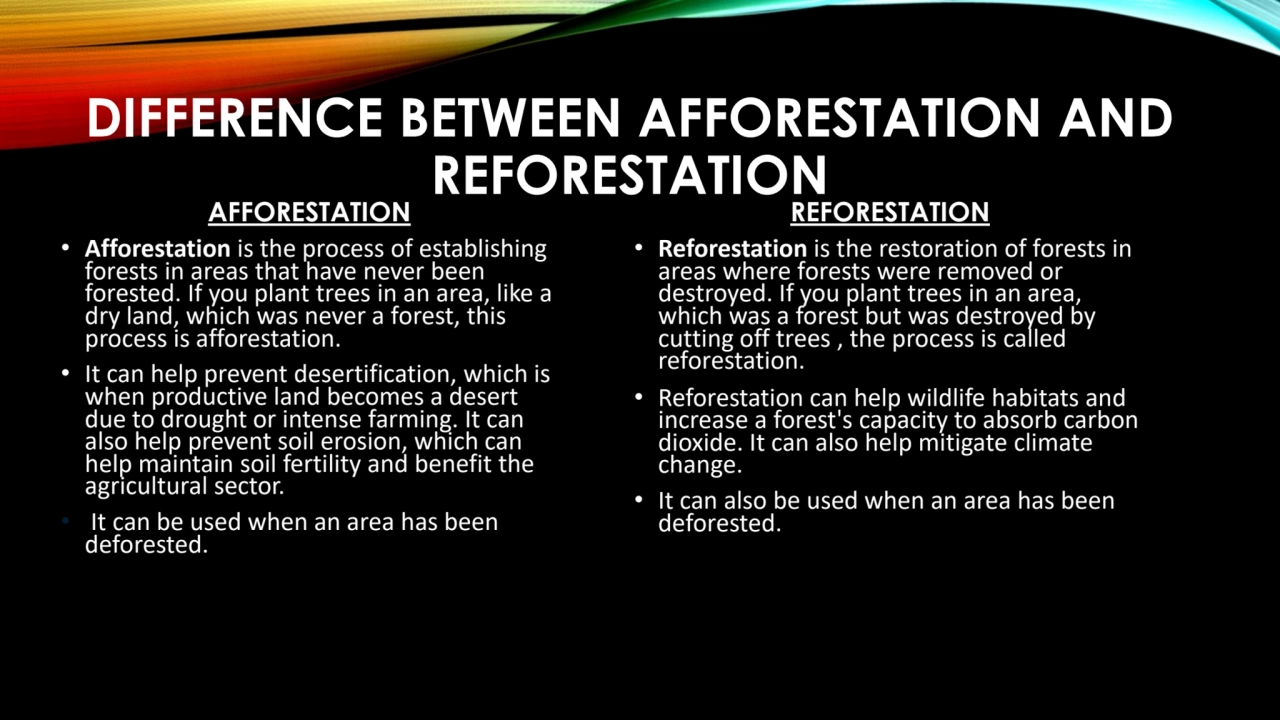 DIFFERENCE BETWEEN AFFORESTATION AND 
REFORESTATION
AFFORESTATION
• Afforestation is the process…