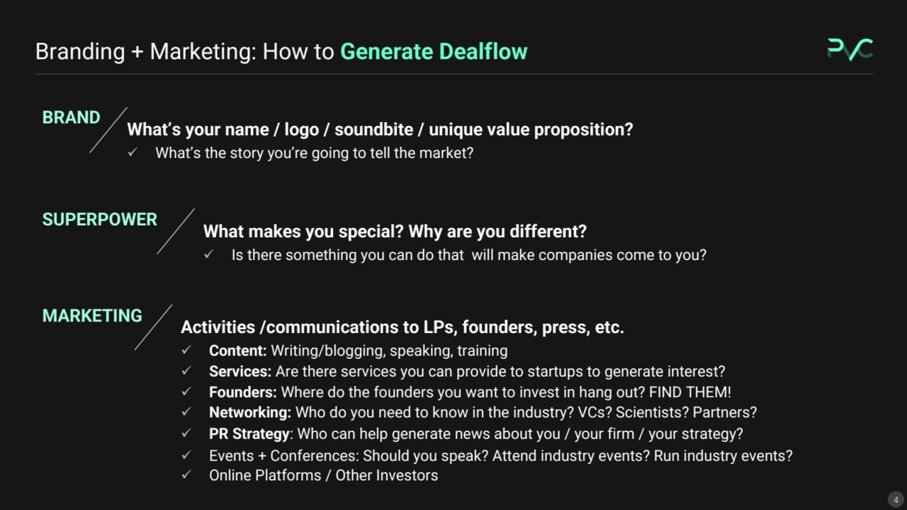 Branding + Marketing: How to Generate Dealflow
What’s your name / logo / soundbite / unique value …