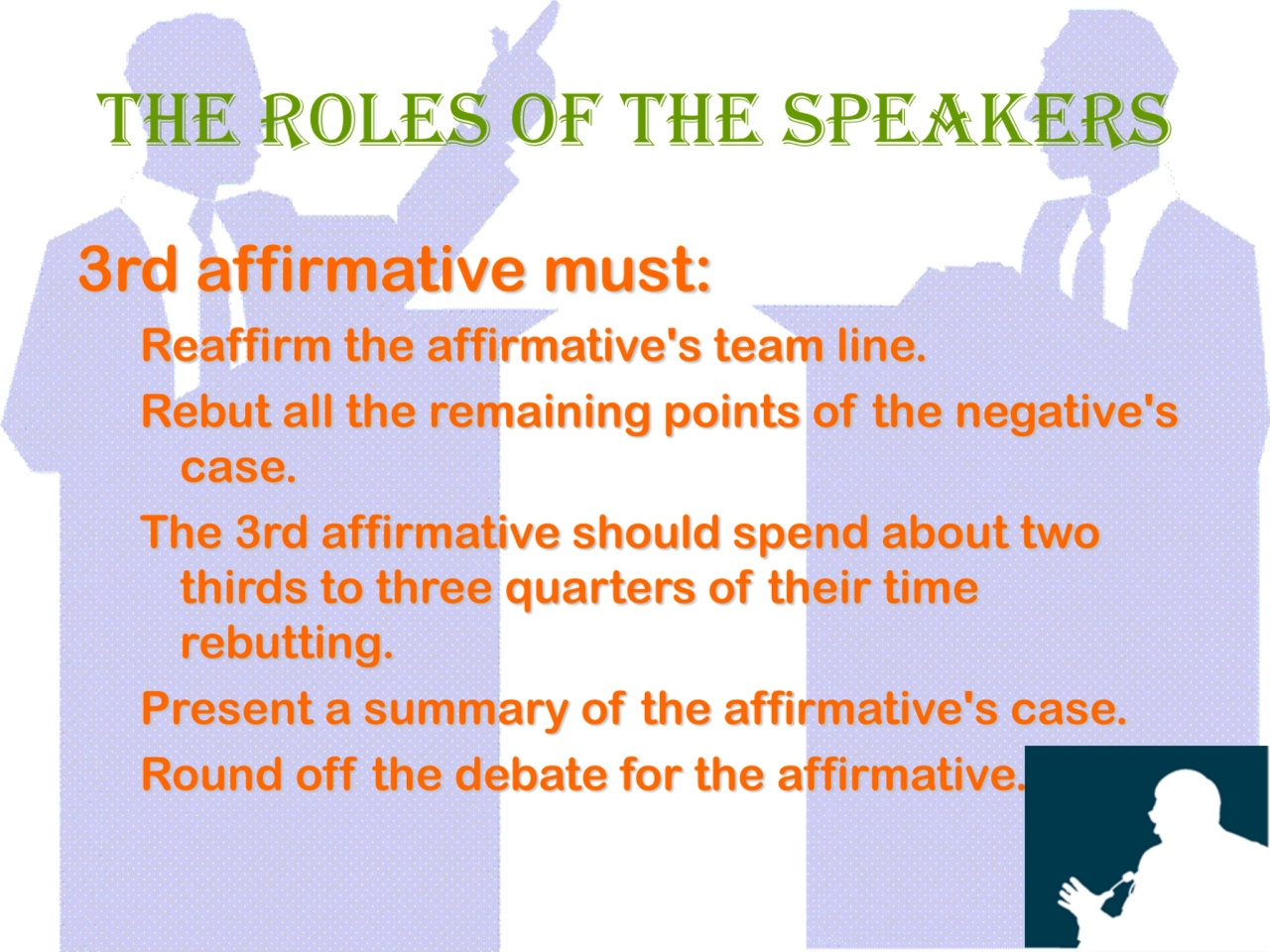 The Roles of The Speakers
3rd affirmative must:
Reaffirm the affirmative's team line. 
Rebut all…