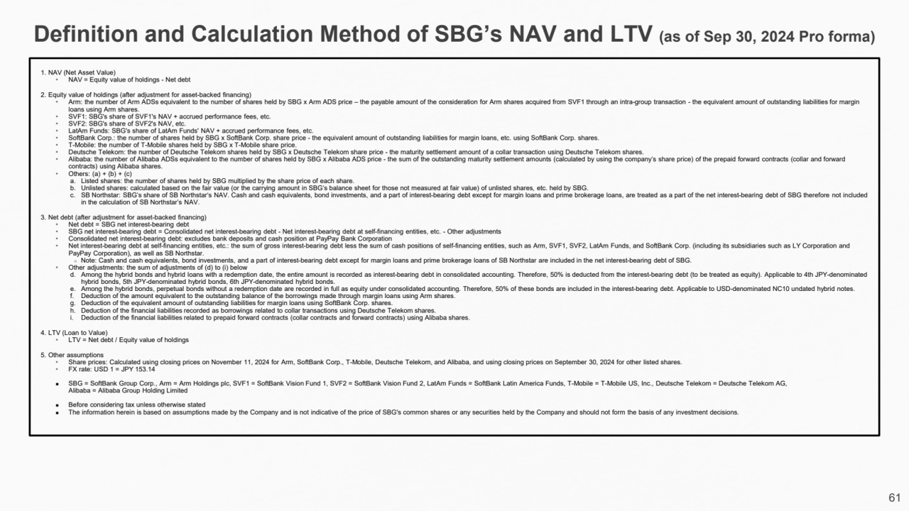 61
Definition and Calculation Method of SBG’s NAV and LTV (as of Sep 30, 2024 Pro forma)
1. NAV (…