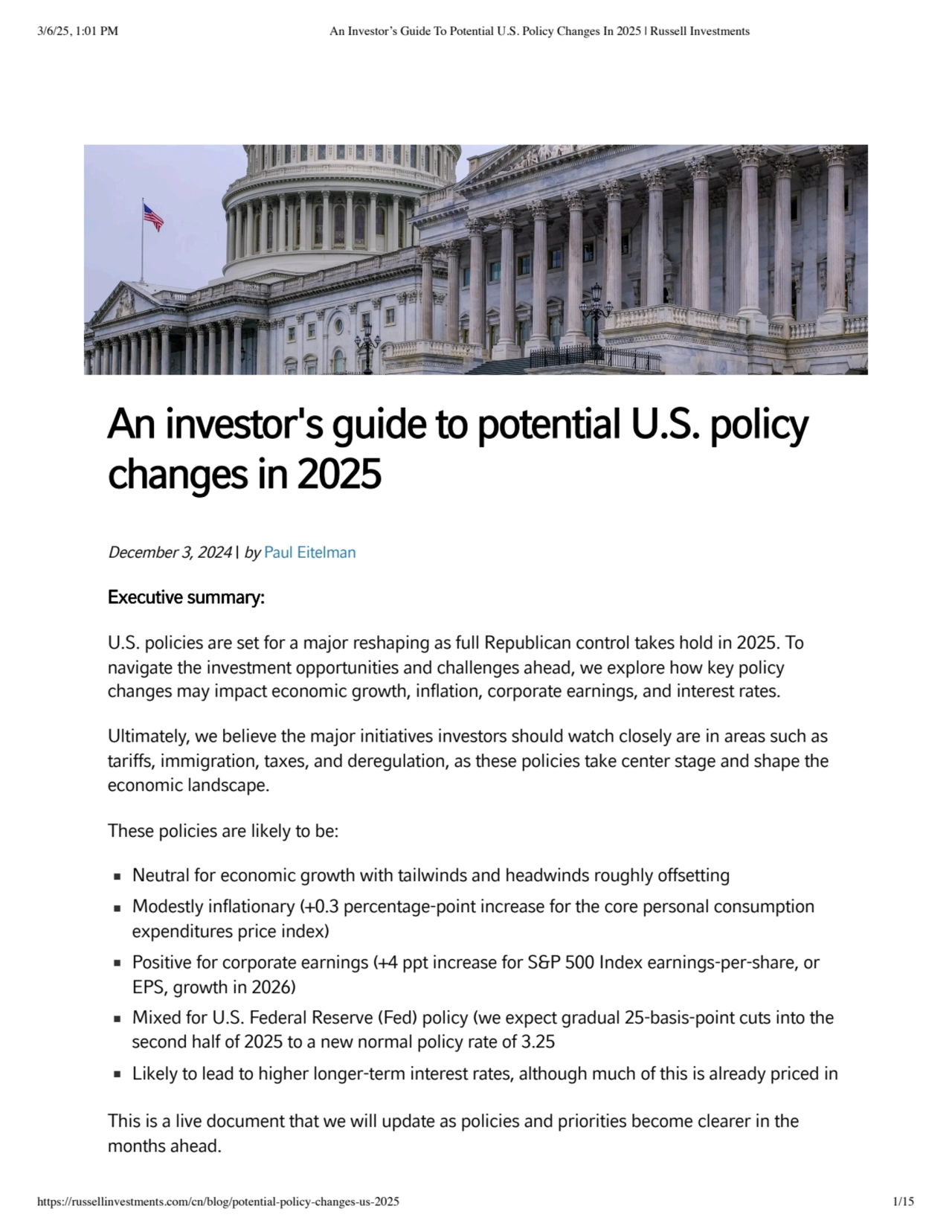 An investor's guide to potential U.S. policy
changes in 2025
December 3, 2024 | by Paul Eitelman
…