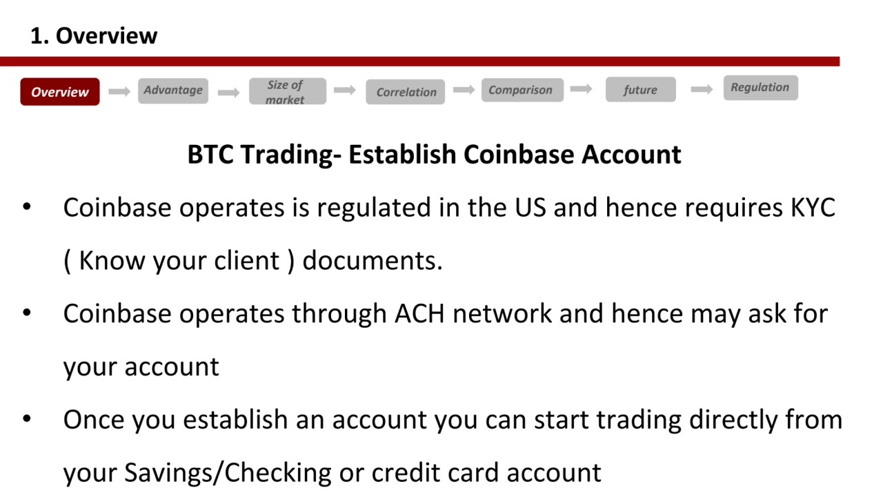 BTC Trading- Establish Coinbase Account 
• Coinbase operates is regulated in the US and hence requ…