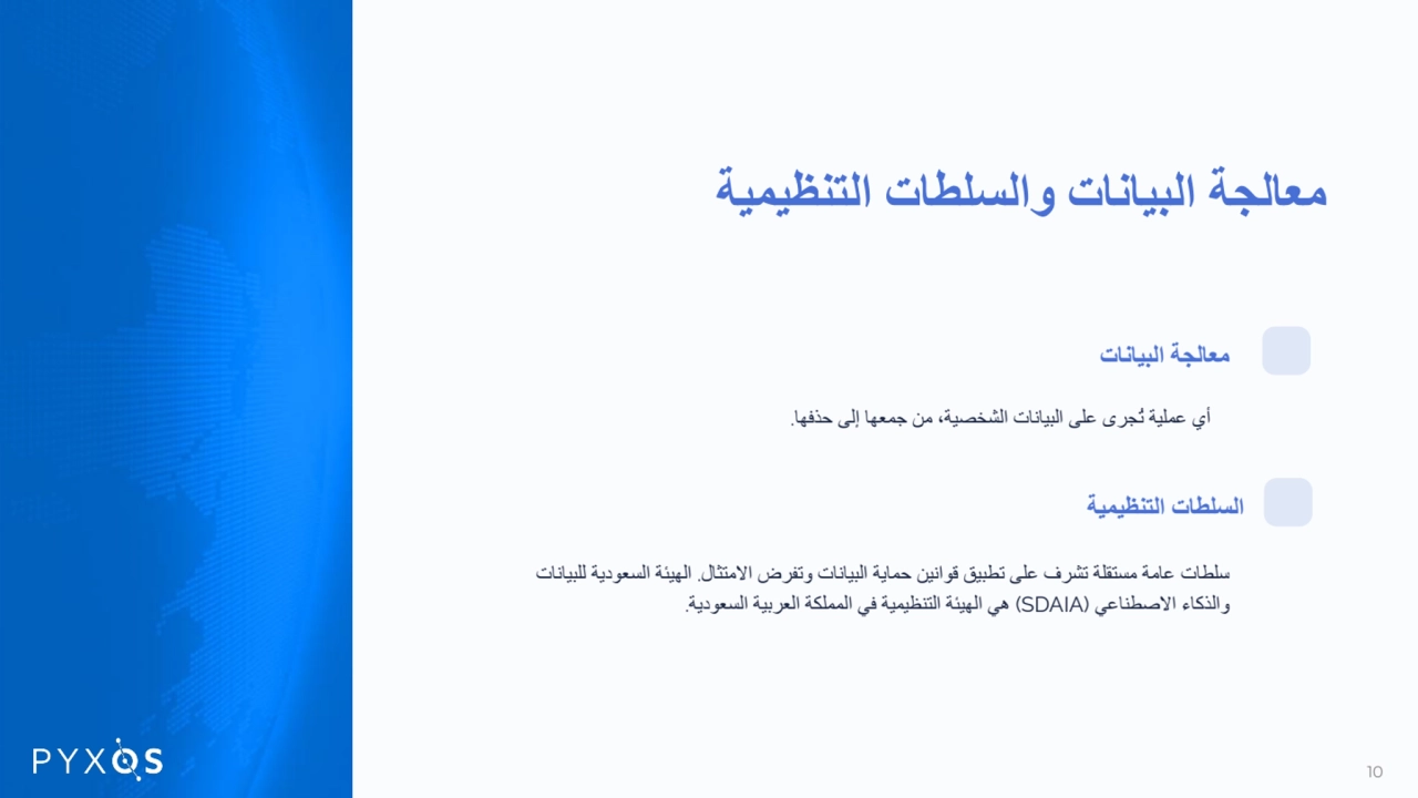 معالجة البیانات والسلطات التنظیمیة
معالجة البیانات
أي عملیة تُجرى على البیانات الشخصیة، من جمعھا إ…