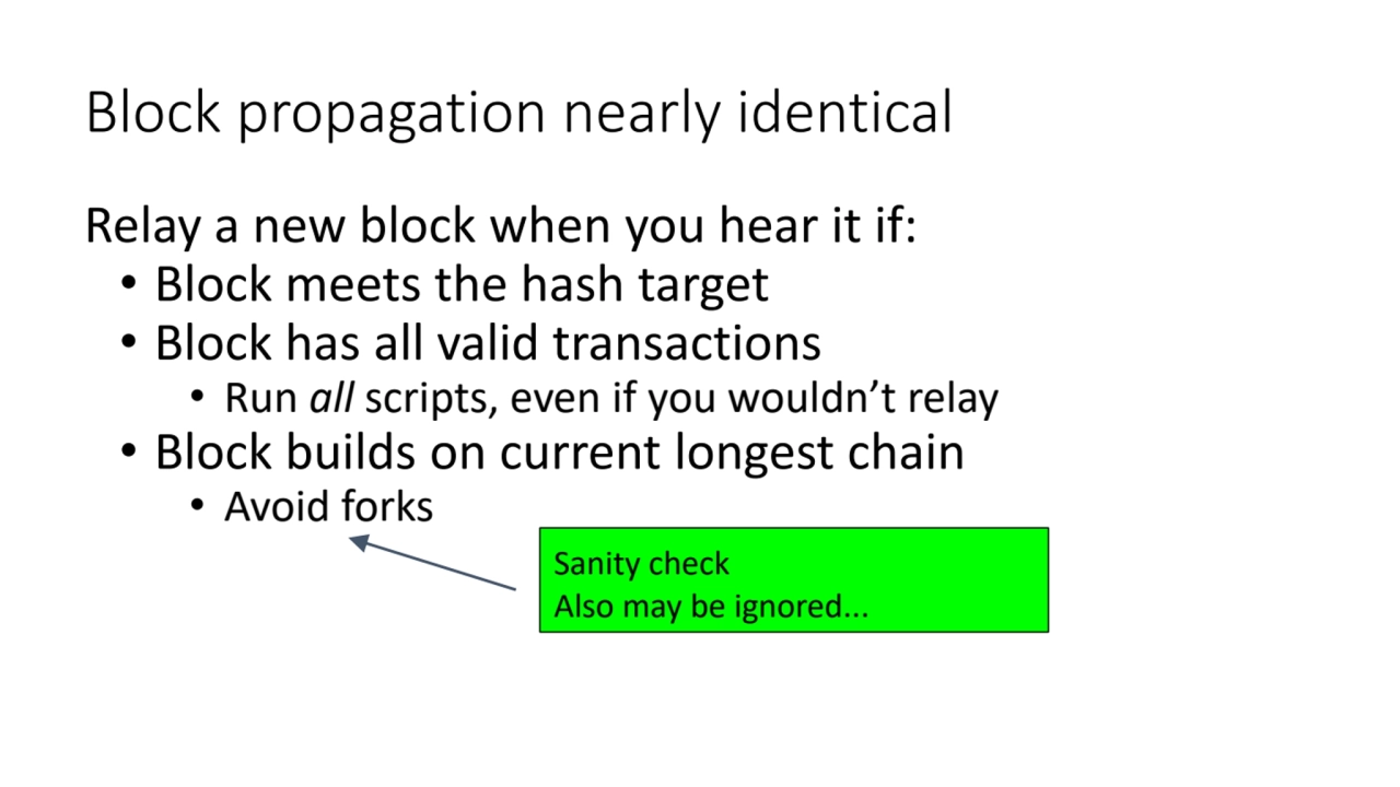 Block propagation nearly identical
Relay a new block when you hear it if:
• Block meets the hash …