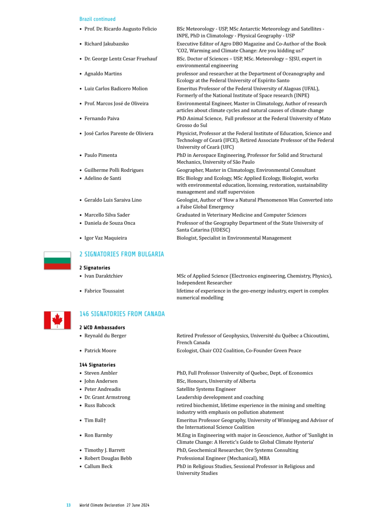 13 World Climate Declaration 27 June 2024
• Prof. Dr. Ricardo Augusto Felicio BSc Meteorology - US…