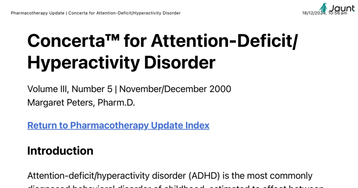 Pharmacotherapy Update | Concerta for Attention-Deficit/Hyperactivity Disorder