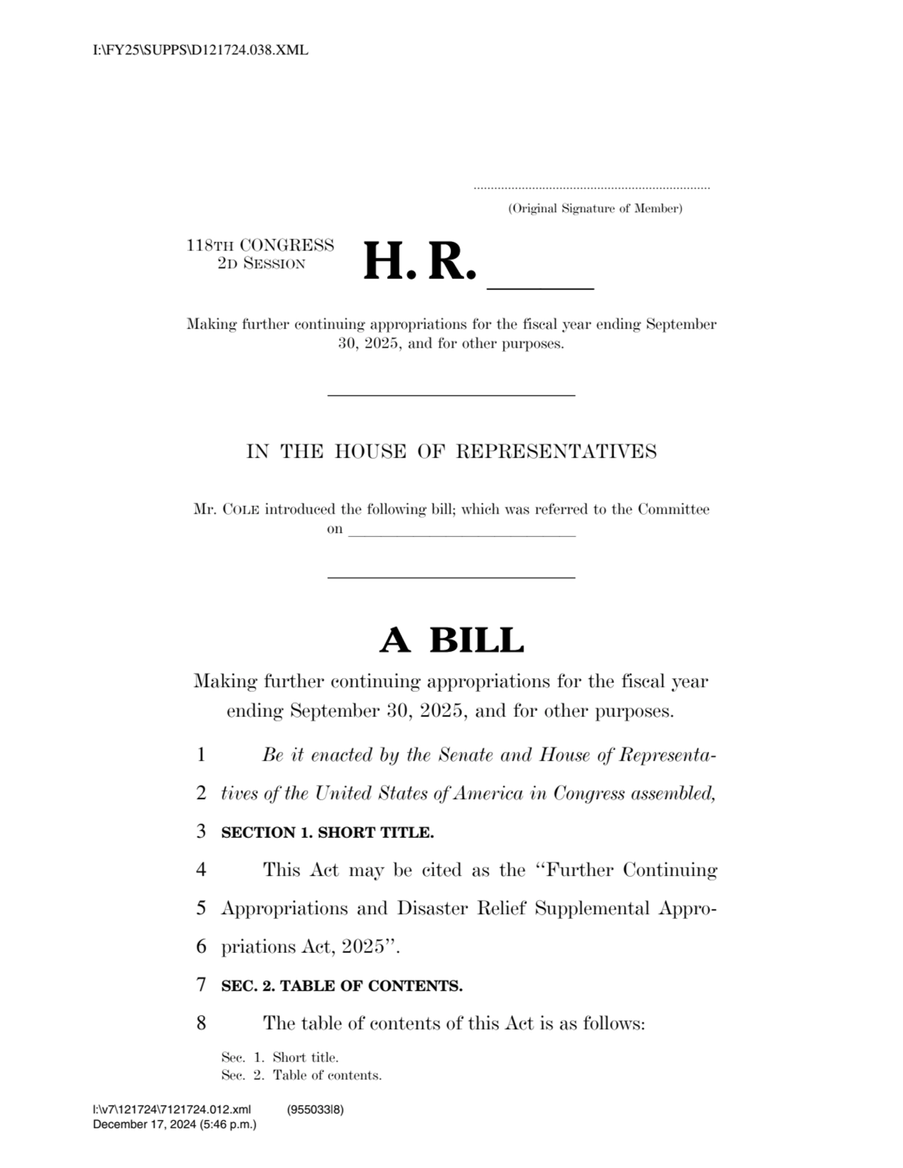 Further Continuing Appropriations Act - Overview - Spending Bill Version 1