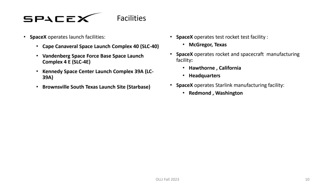 Facilities
• SpaceX operates launch facilities:
• Cape Canaveral Space Launch Complex 40 (SLC-40)…