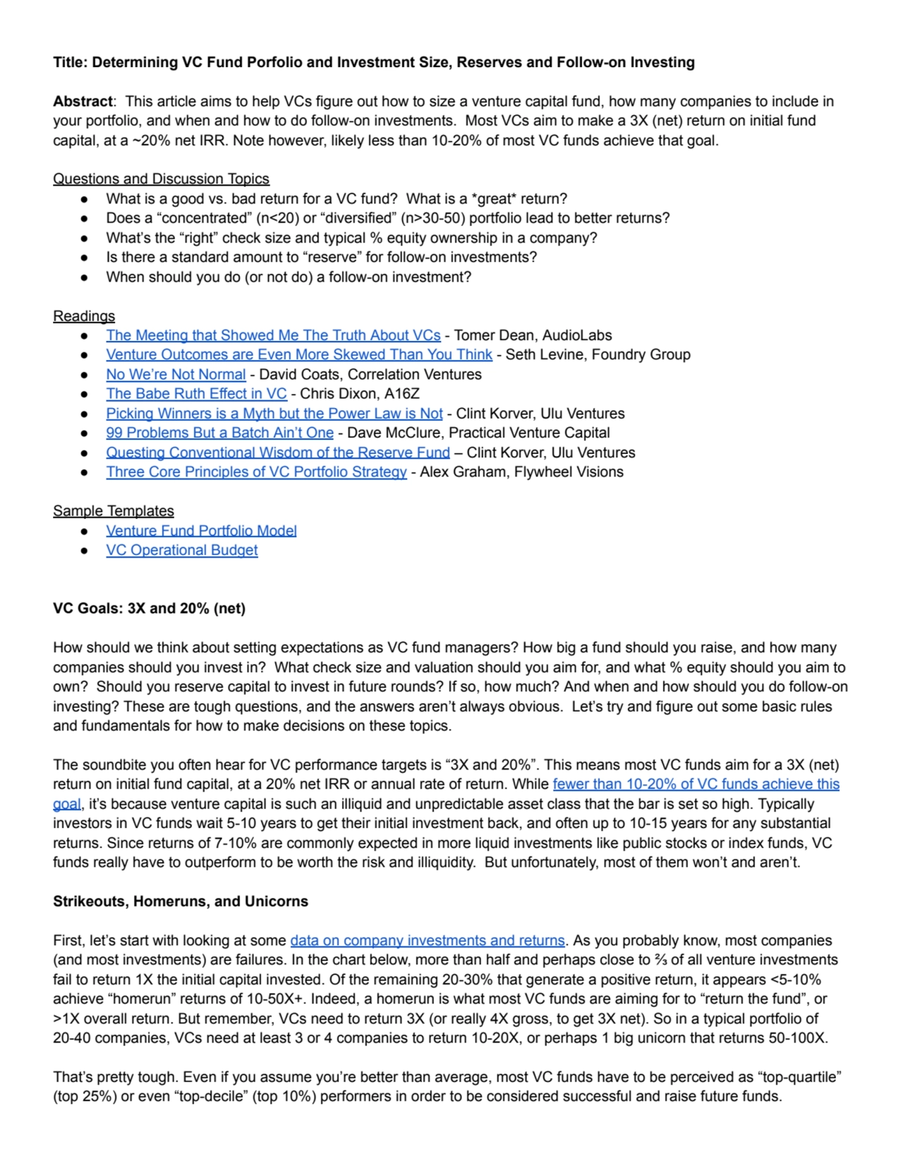 Title: Determining VC Fund Porfolio and Investment Size, Reserves and Follow-on Investing
Abstract…