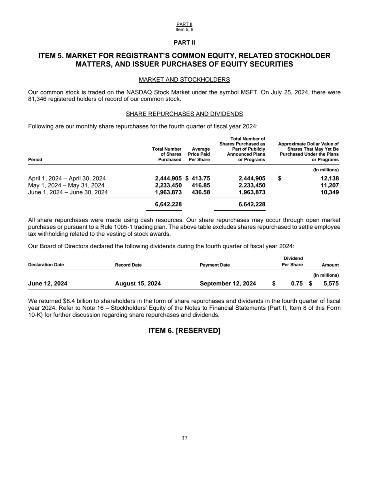 PART II
Item 5, 6
37
PART II
ITEM 5. MARKET FOR REGISTRANT’S COMMON EQUITY, RELATED STOCKHOLDER…