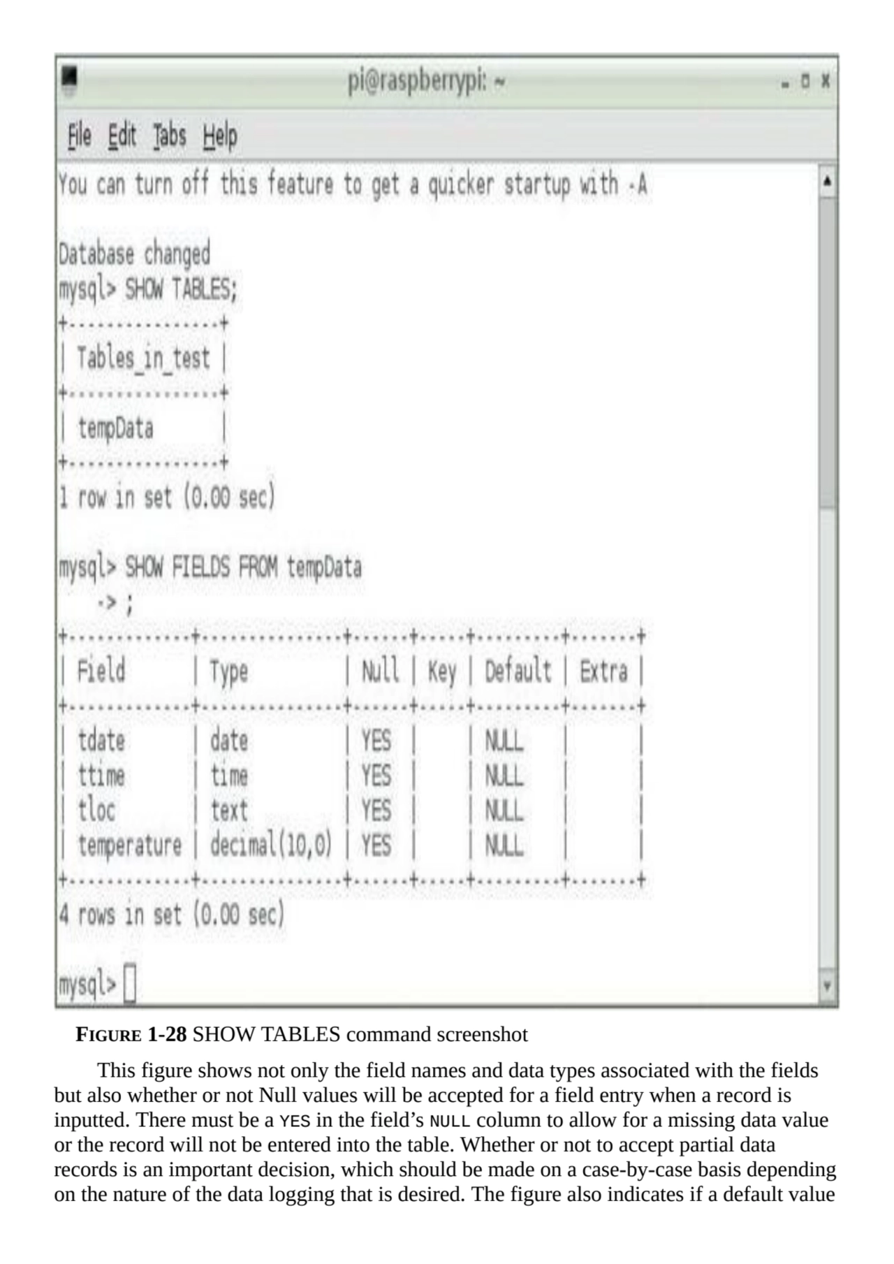 FIGURE 1-28 SHOW TABLES command screenshot
This figure shows not only the field names and data typ…