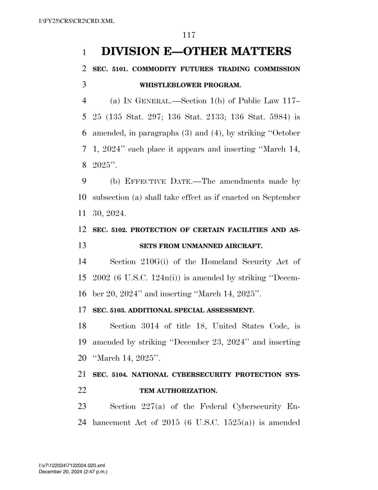 117 
1 DIVISION E—OTHER MATTERS 
2 SEC. 5101. COMMODITY FUTURES TRADING COMMISSION 
3 WHISTLEBLO…