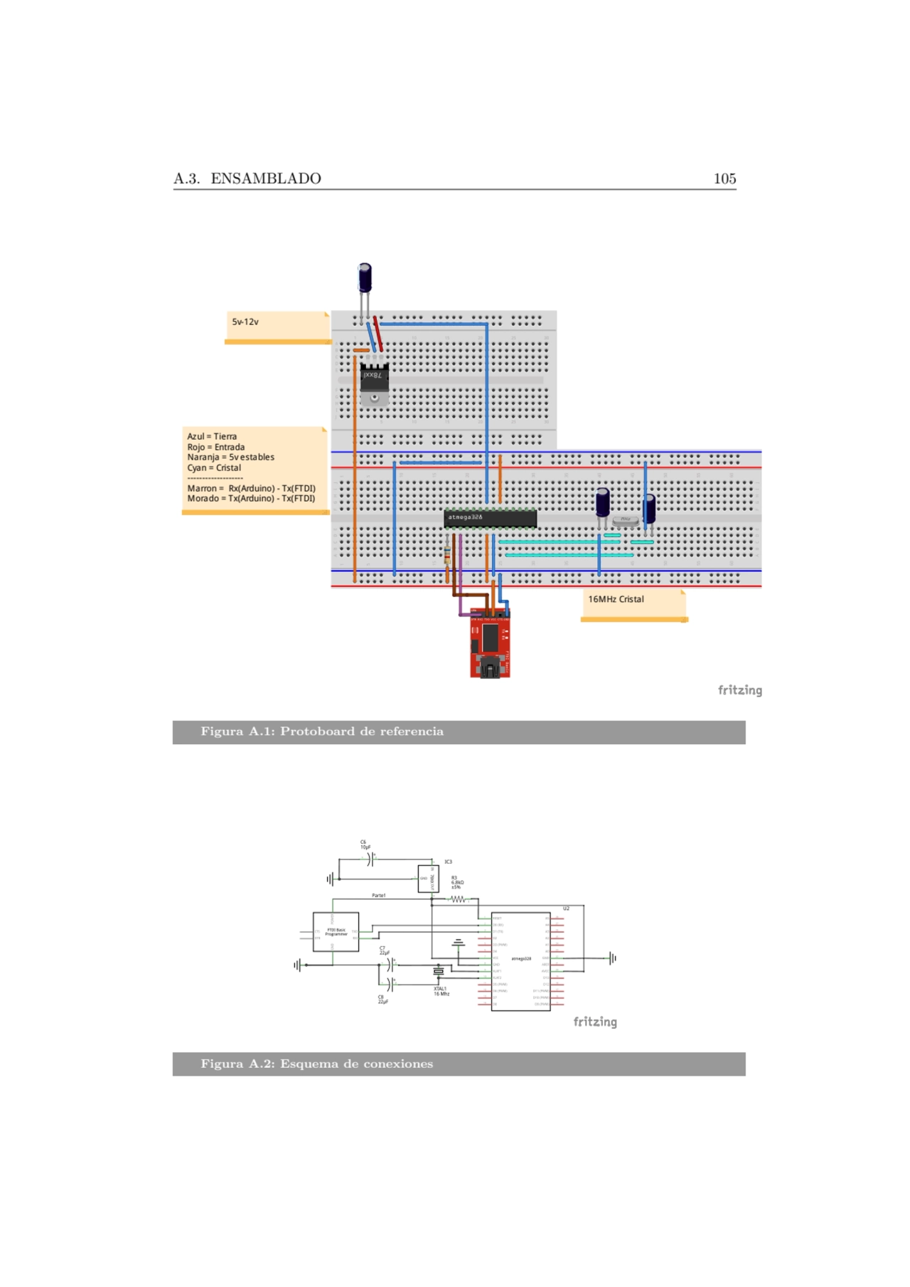 A.3. ENSAMBLADO 105
5v-12v
16MHz Cristal
Azul = Tierra
Rojo = Entrada
Naranja = 5v estables
C…