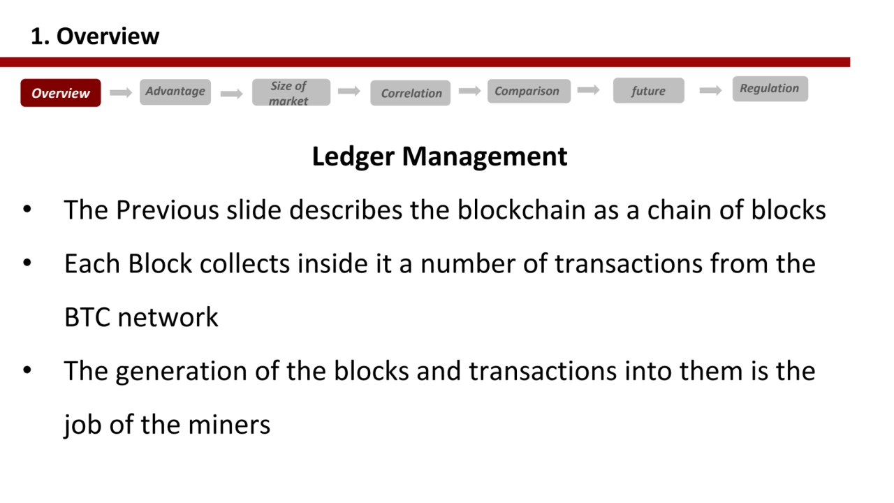 Ledger Management 
• The Previous slide describes the blockchain as a chain of blocks
• Each Bloc…