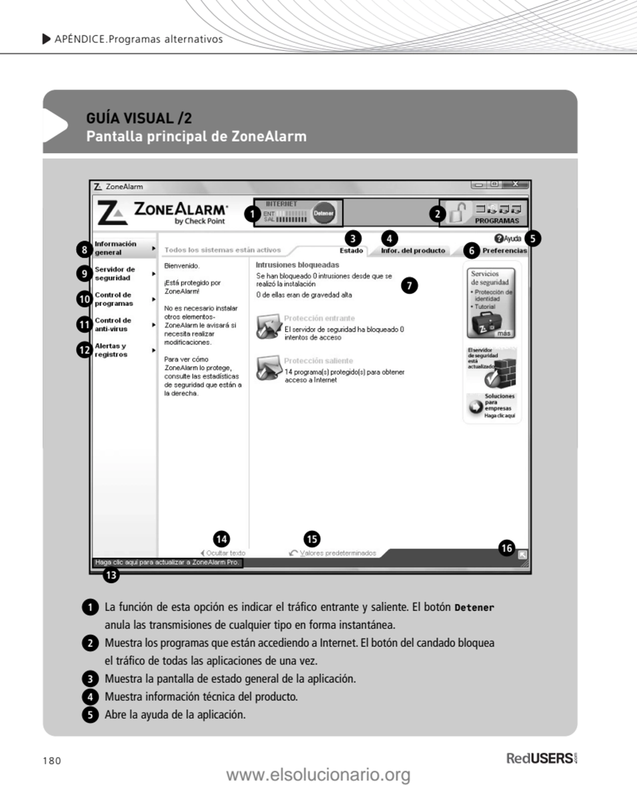 180
APÉNDICE.Programas alternativos
GUÍA VISUAL /2
Pantalla principal de ZoneAlarm
La función d…