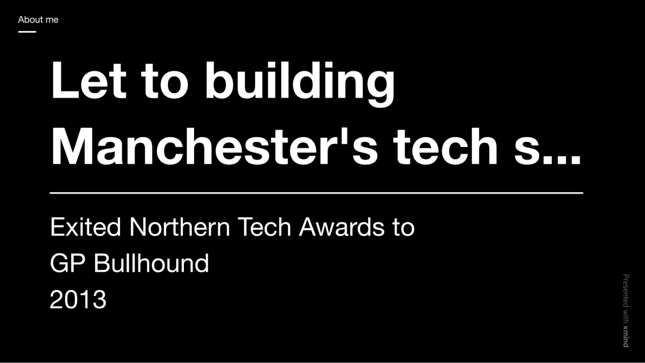 Let to building
Manchester's tech s...
Exited Northern Tech Awards to
GP Bullhound
2013
About …