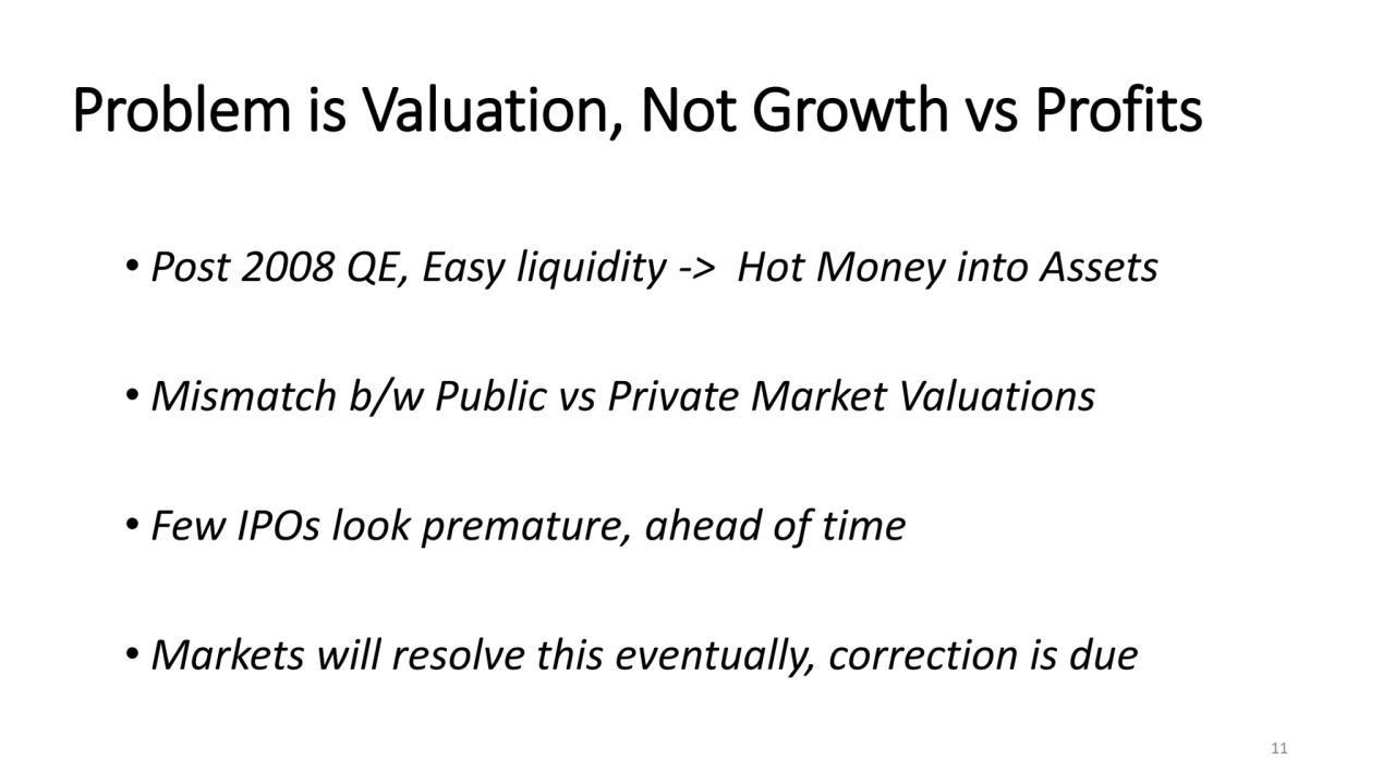 Problem is Valuation, Not Growth vs Profits
• Post 2008 QE, Easy liquidity -> Hot Money into Asset…