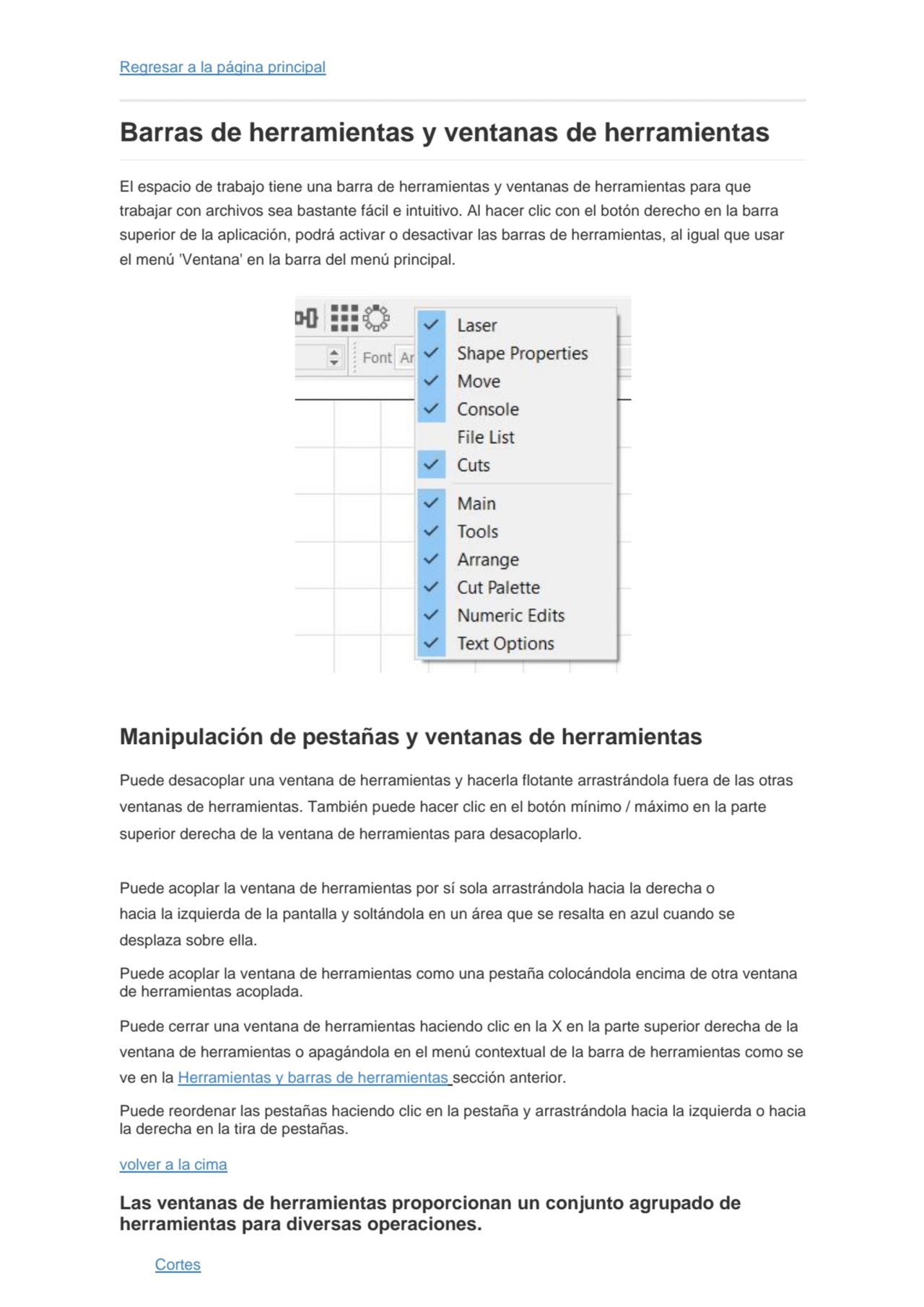 Regresar a la página principal
Barras de herramientas y ventanas de herramientas
El espacio de tr…