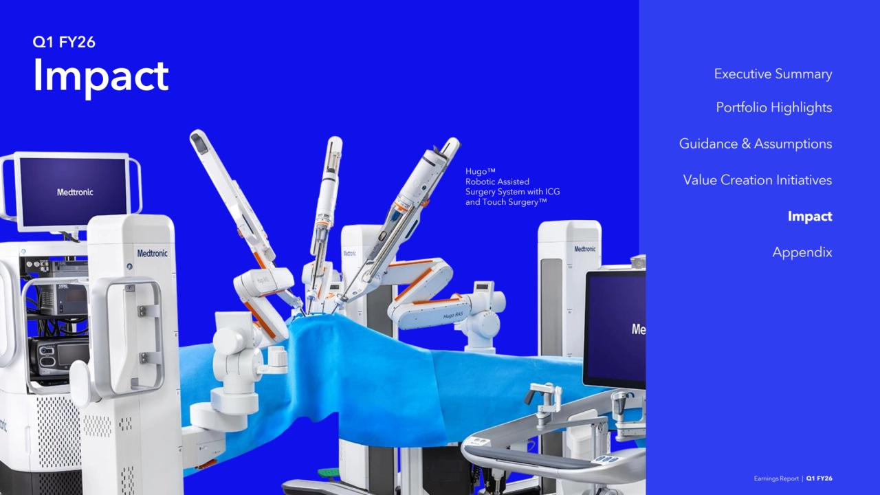 Q1 FY26
Impact
Hugo
Robotic Assisted 
Surgery System with ICG 
and Touch Surgery
Earnings Report | Q1 FY26
Portfolio Highlights
Guidance & Assumptions
Value Creation Initiatives
Impact
Executive Summary
Appendix