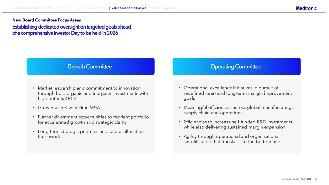 Earnings Report | Q1 FY26 19
New Board Committee Focus Areas
Establishing dedicated oversight on targeted goals ahead 
of a comprehensive Investor Day to be held in 2026
Growth Committee Operating Committee
• Operational excellence initiatives in pursuit of 
redefined near- and long-term margin improvement 
goals
• Meaningful efficiencies across global manufacturing, 
supply chain and operations
• Efficiencies to increase self-funded R&D investments 
while also delivering sustained margin expansion
• Agility through operational and organizational 
simplification that translates to the bottom-line
• Market leadership and commitment to innovation 
through bold organic and inorganic investments with 
high potential ROI
• Growth-accretive tuck-in M&A
• Further divestment opportunities to reorient portfolio 
for accelerated growth and strategic clarity
• Long-term strategic priorities and capital allocation 
framework
Executive Summary | Portfolio Highlights | Guidance & Assumptions | Value Creation Initiatives | Impact | Appendix