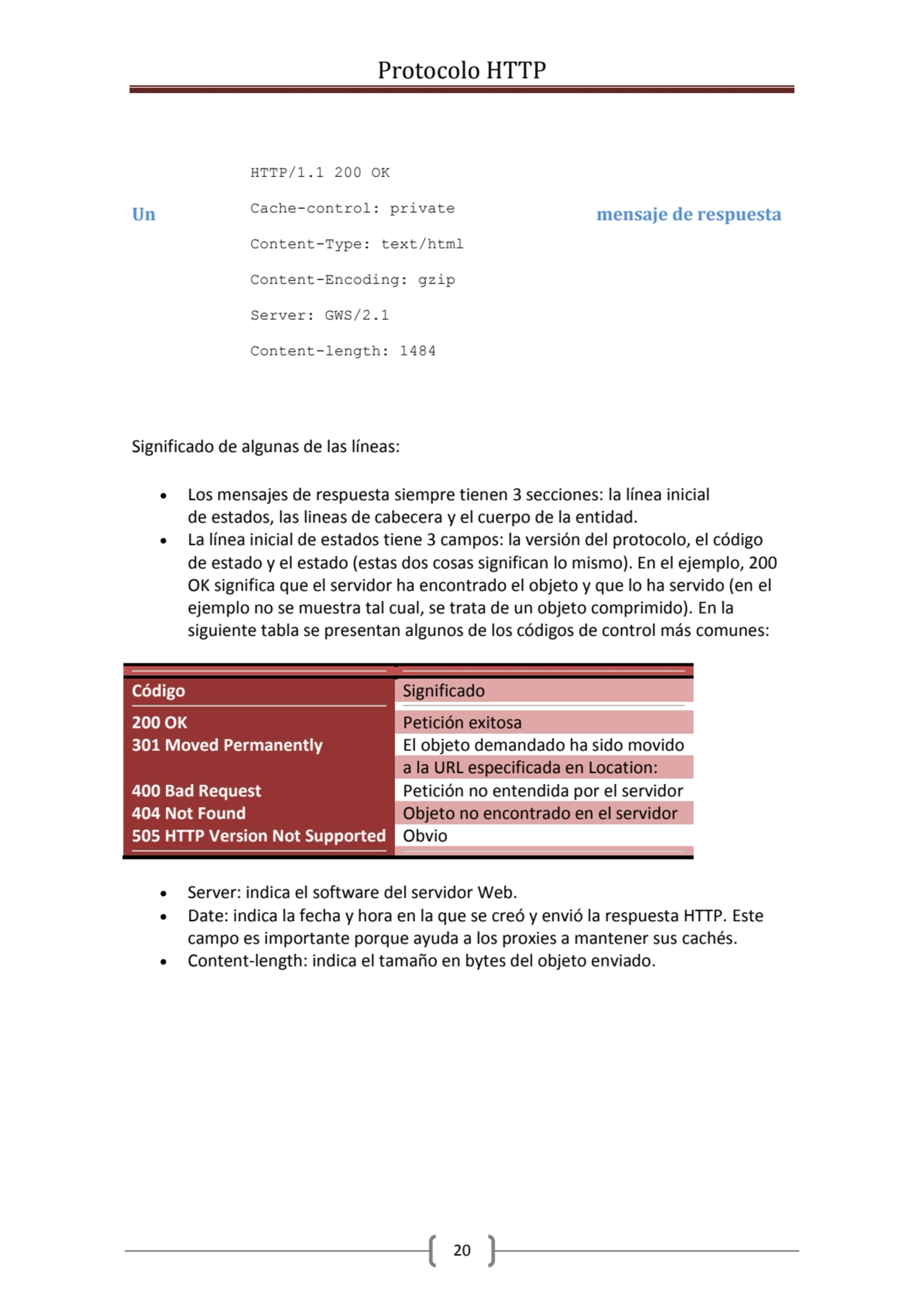 Protocolo HTTP
20
Un mensaje de respuesta
Significado de algunas de las líneas:
 Los mensajes …