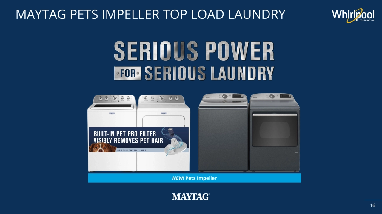 Whirlpool Corporation Confidential
NEW! Pets Impeller
16
MAYTAG PETS IMPELLER TOP LOAD LAUNDRY