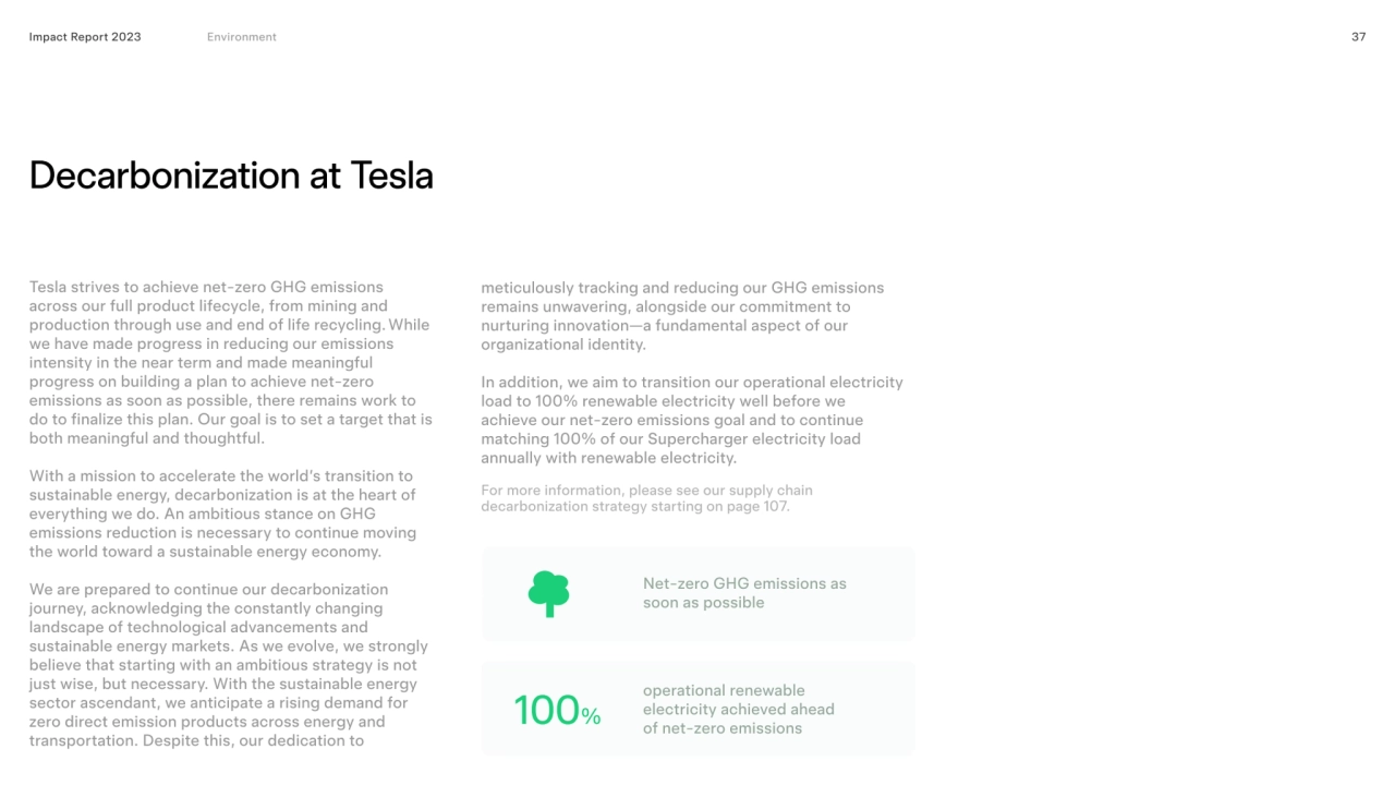 Decarbonization at Tesla
Impact Report 2023 37
100%
Impact Report 2023 Environment 
Decarboniza…