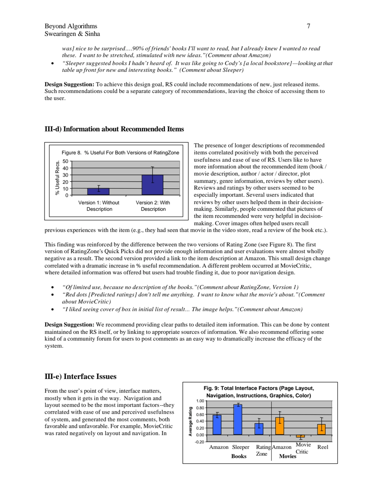 Beyond Algorithms 7
Swearingen & Sinha
was] nice to be surprised….90% of friends' books I'll want…