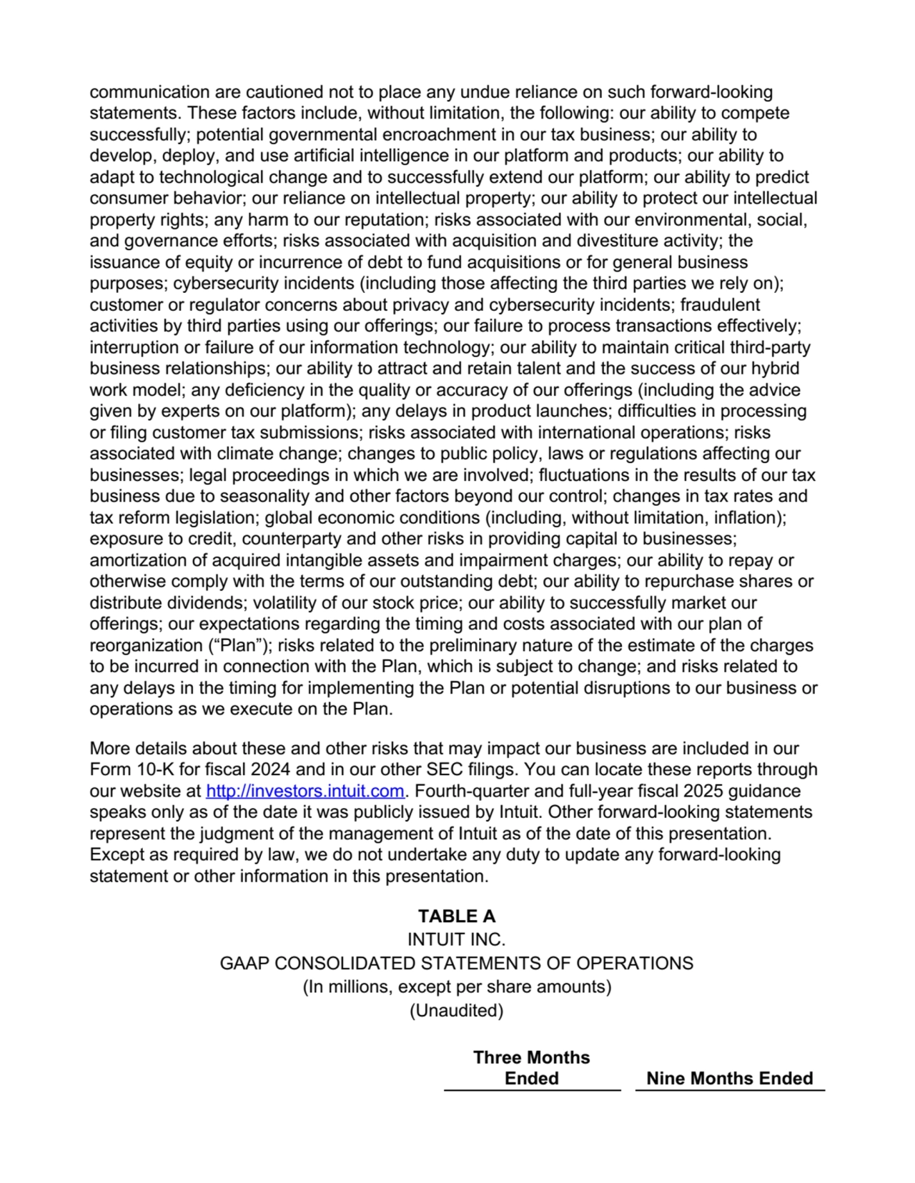 communication are cautioned not to place any undue reliance on such forward-looking
statements. These factors include, without limitation, the following: our ability to compete
successfully; potential governmental encroachment in our tax business; our ability to
develop, deploy, and use artificial intelligence in our platform and products; our ability to
adapt to technological change and to successfully extend our platform; our ability to predict
consumer behavior; our reliance on intellectual property; our ability to protect our intellectual
property rights; any harm to our reputation; risks associated with our environmental, social,
and governance efforts; risks associated with acquisition and divestiture activity; the
issuance of equity or incurrence of debt to fund acquisitions or for general business
purposes; cybersecurity incidents (including those affecting the third parties we rely on);
customer or regulator concerns about privacy and cybersecurity incidents; fraudulent
activities by third parties using our offerings; our failure to process transactions effectively;
interruption or failure of our information technology; our ability to maintain critical third-party
business relationships; our ability to attract and retain talent and the success of our hybrid
work model; any deficiency in the quality or accuracy of our offerings (including the advice
given by experts on our platform); any delays in product launches; difficulties in processing
or filing customer tax submissions; risks associated with international operations; risks
associated with climate change; changes to public policy, laws or regulations affecting our
businesses; legal proceedings in which we are involved; fluctuations in the results of our tax
business due to seasonality and other factors beyond our control; changes in tax rates and
tax reform legislation; global economic conditions (including, without limitation, inflation);
exposure to credit, counterparty and other risks in providing capital to businesses;
amortization of acquired intangible assets and impairment charges; our ability to repay or
otherwise comply with the terms of our outstanding debt; our ability to repurchase shares or
distribute dividends; volatility of our stock price; our ability to successfully market our
offerings; our expectations regarding the timing and costs associated with our plan of
reorganization (“Plan”); risks related to the preliminary nature of the estimate of the charges
to be incurred in connection with the Plan, which is subject to change; and risks related to
any delays in the timing for implementing the Plan or potential disruptions to our business or
operations as we execute on the Plan.
More details about these and other risks that may impact our business are included in our
Form 10-K for fiscal 2024 and in our other SEC filings. You can locate these reports through
our website at http://investors.intuit.com. Fourth-quarter and full-year fiscal 2025 guidance
speaks only as of the date it was publicly issued by Intuit. Other forward-looking statements
represent the judgment of the management of Intuit as of the date of this presentation.
Except as required by law, we do not undertake any duty to update any forward-looking
statement or other information in this presentation.
TABLE A
INTUIT INC.
GAAP CONSOLIDATED STATEMENTS OF OPERATIONS
(In millions, except per share amounts)
(Unaudited)
Three Months
Ended Nine Months Ended
