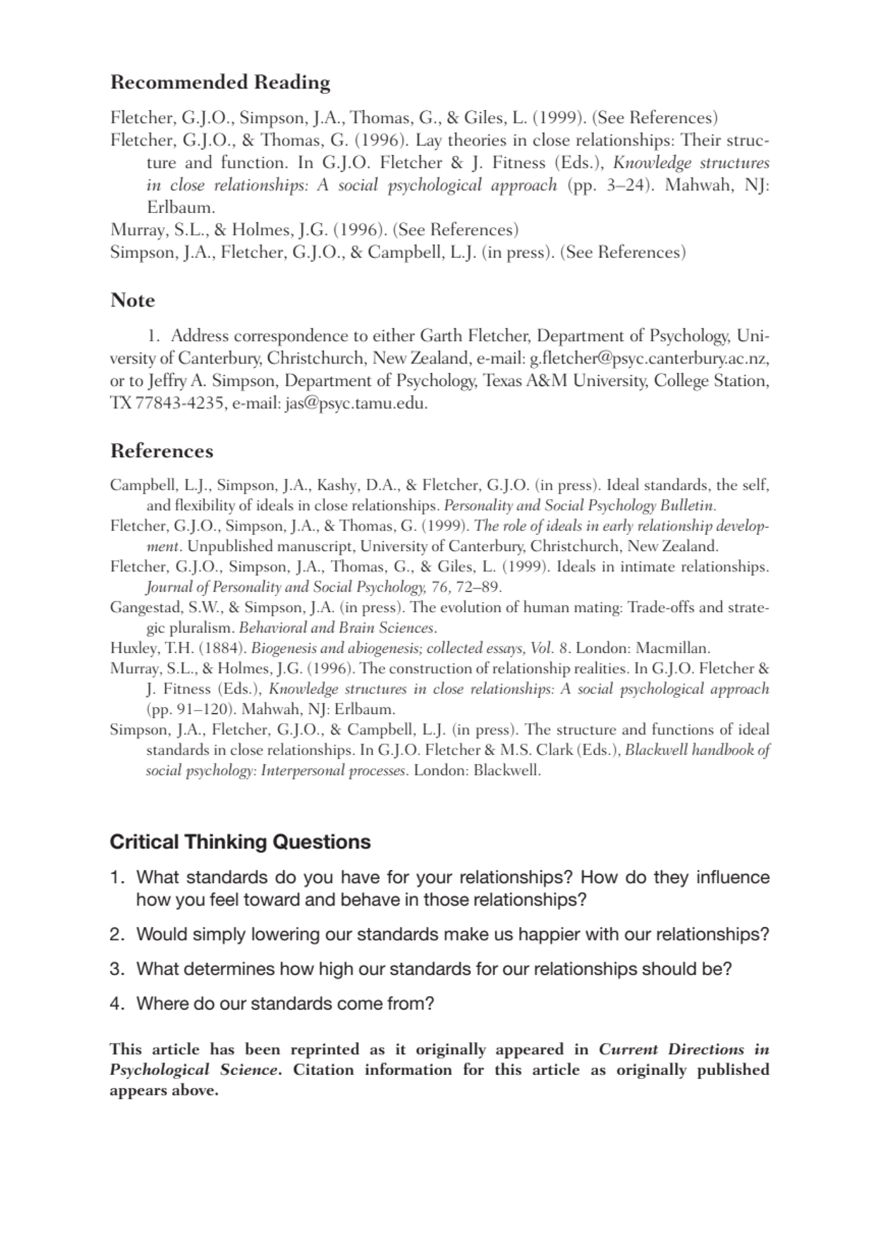 Recommended Reading
Fletcher, G.J.O., Simpson, J.A., Thomas, G., & Giles, L. (1999). (See Referenc…