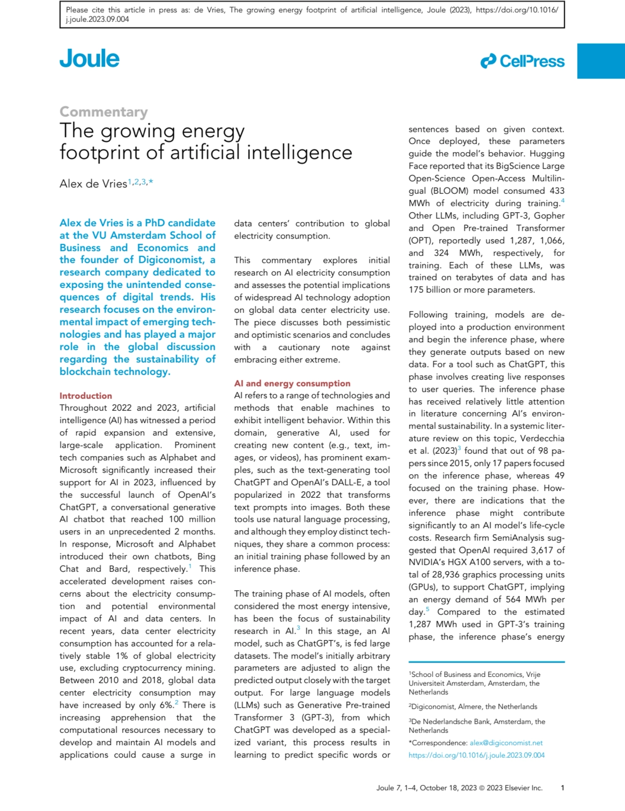 AI's Increasing Energy Consumption and demand for electricity 